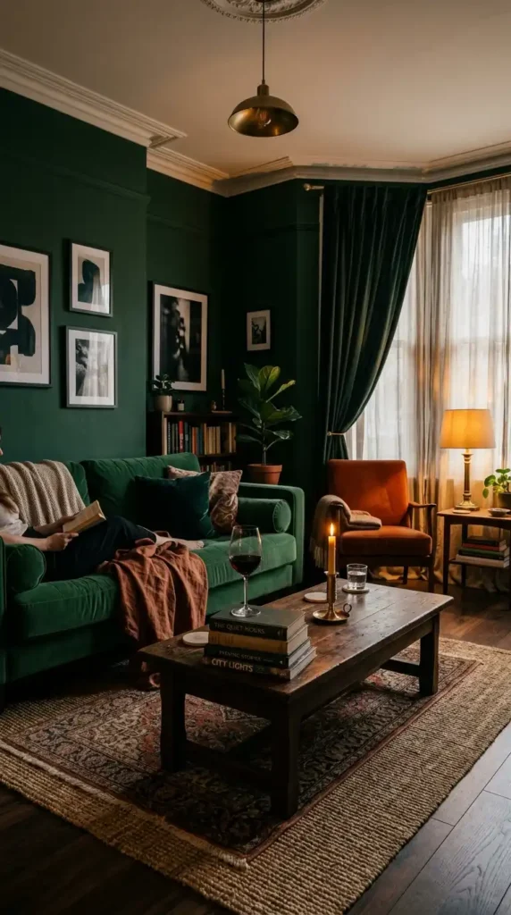 Chic moody interior living room with green wall color, velvet sofa and candlelight