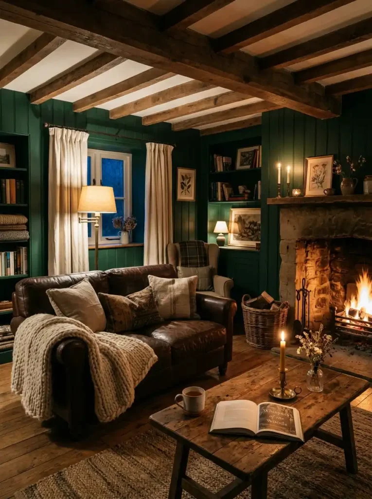 Earthy Cottage Living Room with green walls and cozy lighting