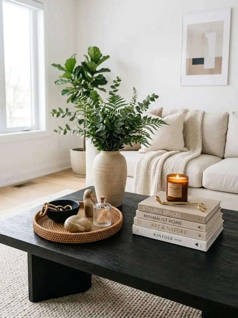 Coffee table styling guide with layered decor, books, vase, candles, and textures