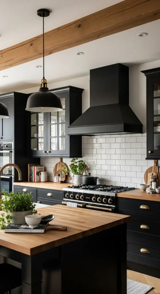 Dark, contemporary farmhouse-style kitchen with dark cabinets and wooden island