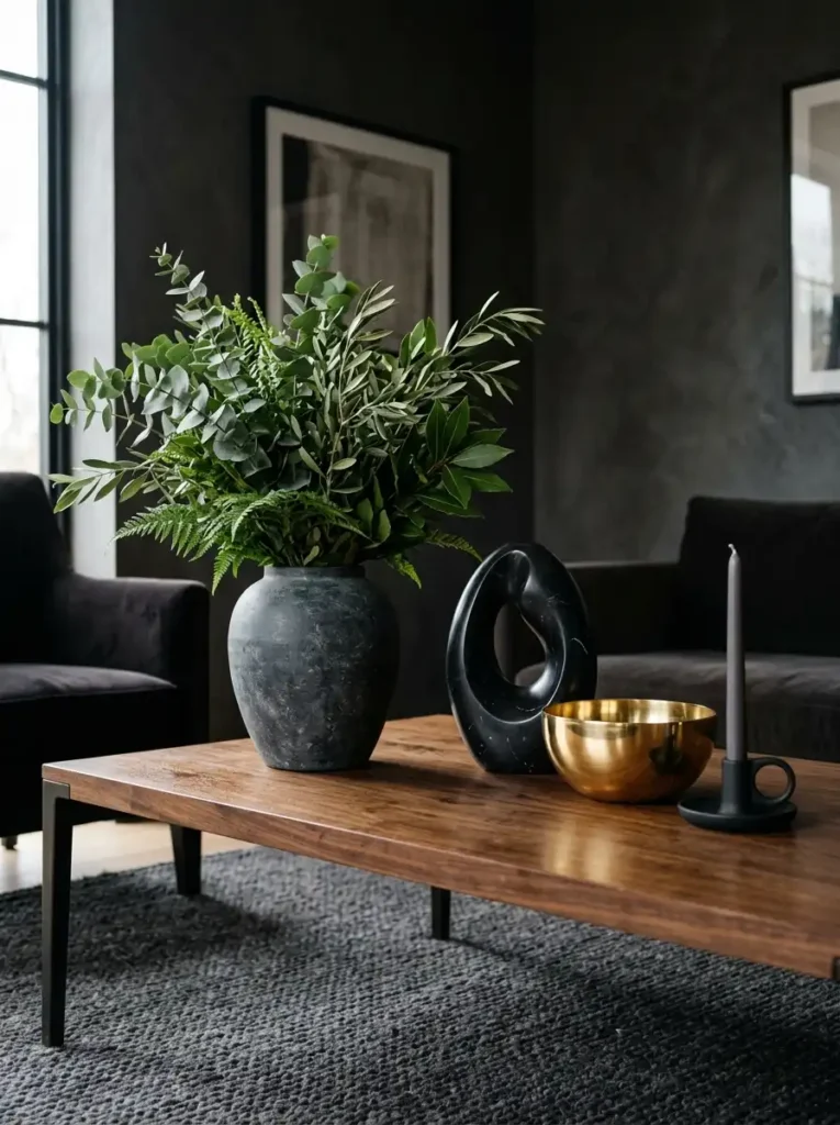 Dark modern coffee table with greenery, sculpture, gold bowl, and candle holder