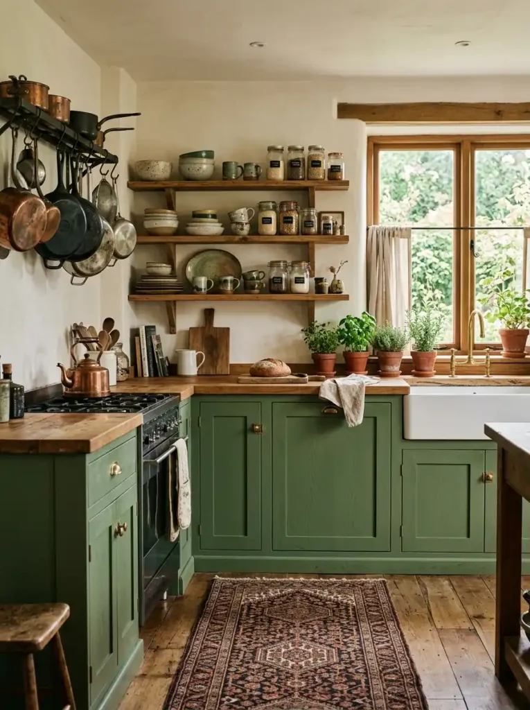 Moss green rustic kitchen with open shelves – Green Kitchen Ideas