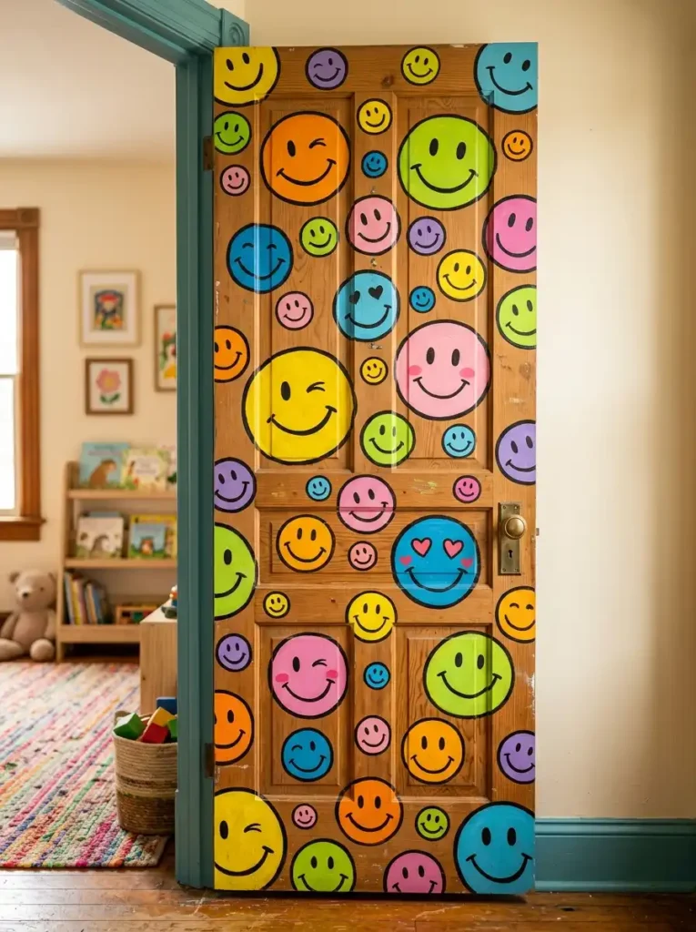 Colorful smiley face door painting ideas with cheerful mural on wooden interior door
