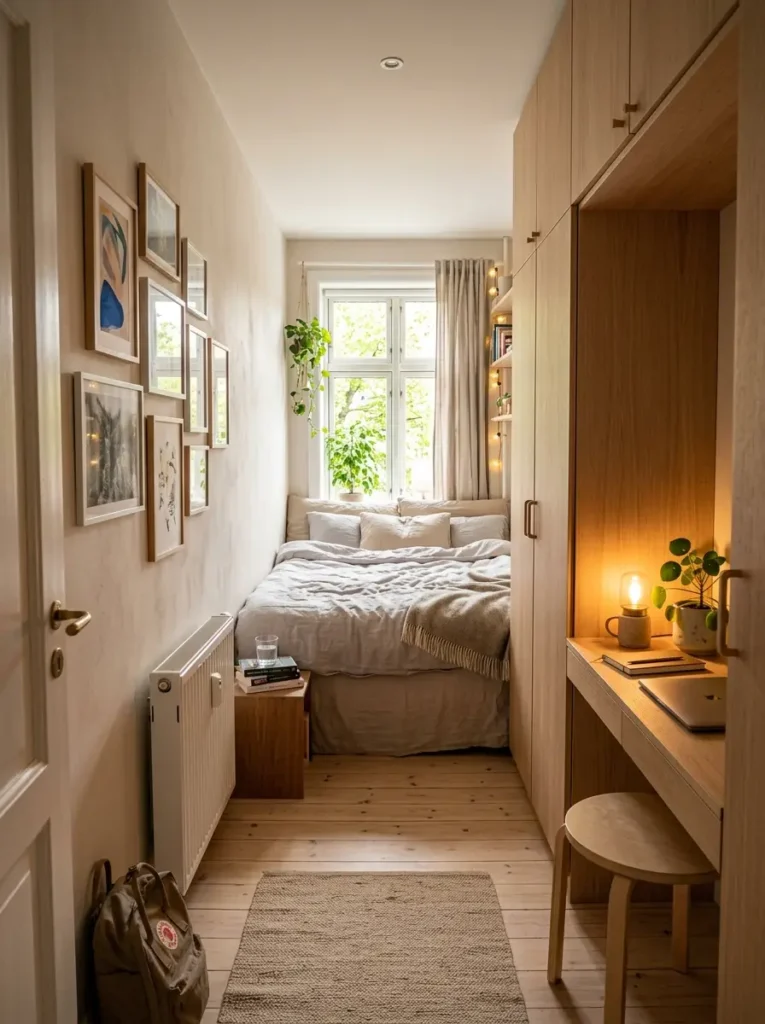 Narrow bedroom layout planner visual.