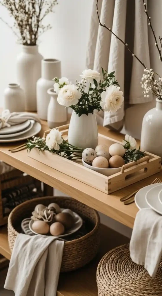 Easter decor with natural wood tray, soft florals, and muted seasonal accents