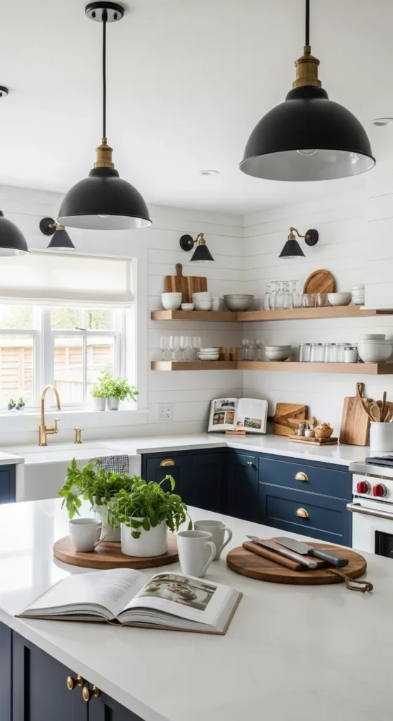 Modern farmhouse kitchen with navy cabinets and open shelving