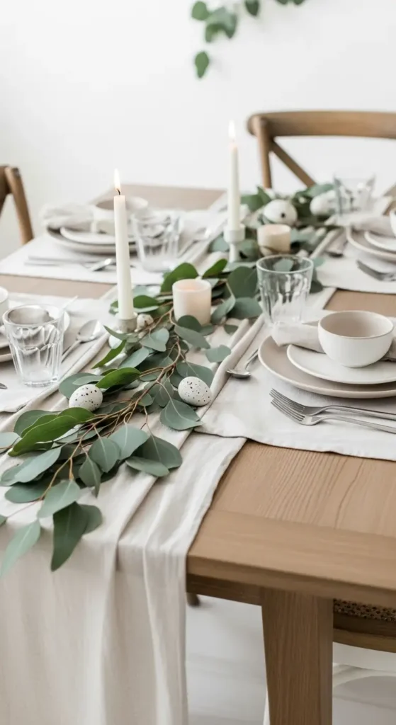 Neutral Easter Brunch Table with Linen Runner, Eucalyptus, and Elegant Decor