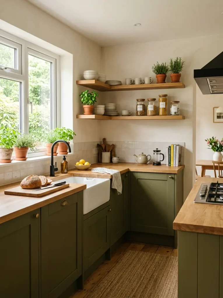 Olive green kitchen with wood countertop – Green Kitchen Ideas