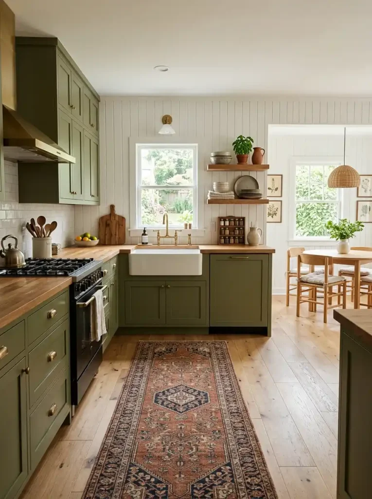 Olive green farmhouse kitchen with wood counters – Green Kitchen Ideas