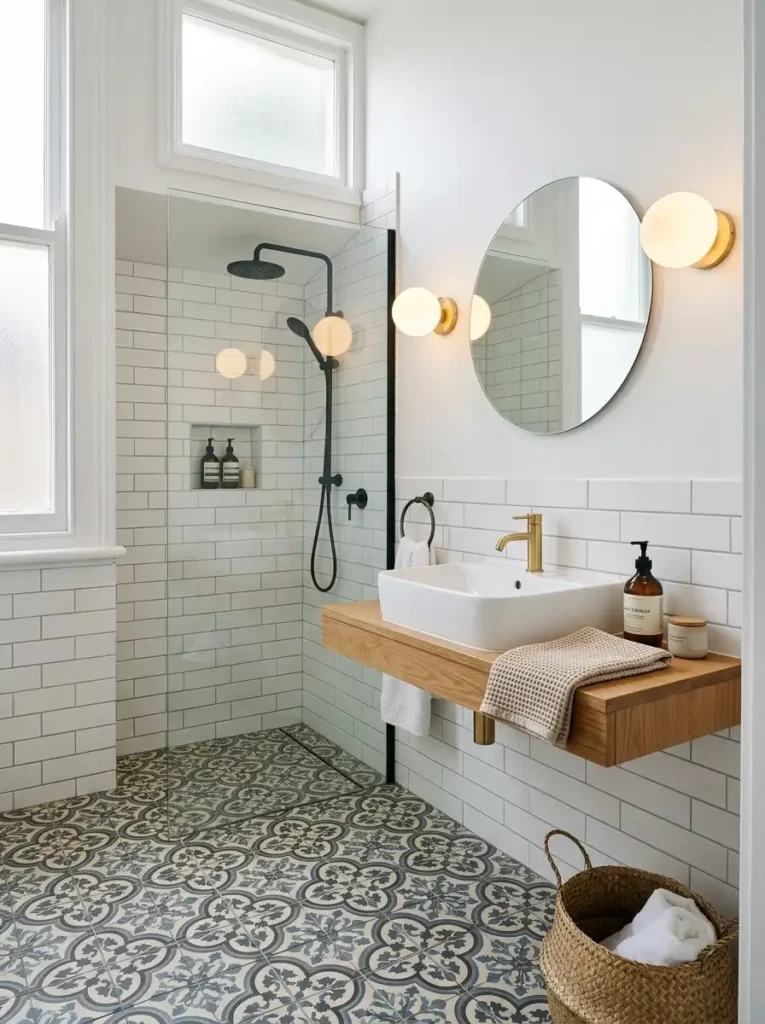 Small bathroom having floor tiles with patterns, mirror over sink, and round lights