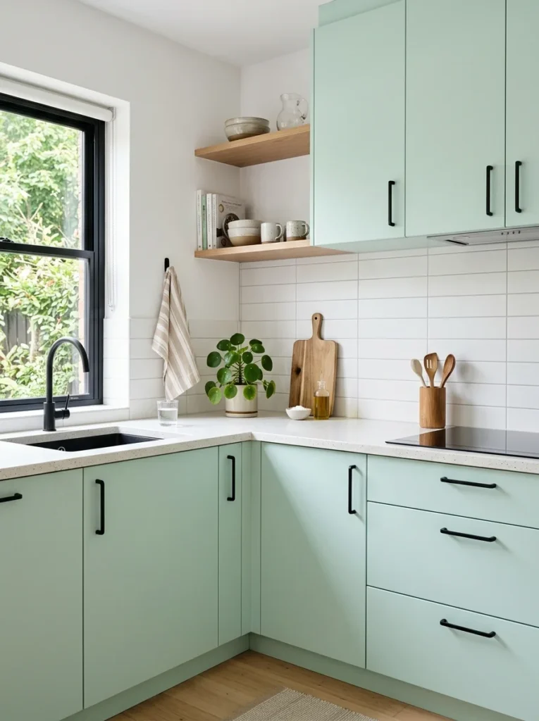 Mint green kitchen cabinets with black handles – Green Kitchen Ideas