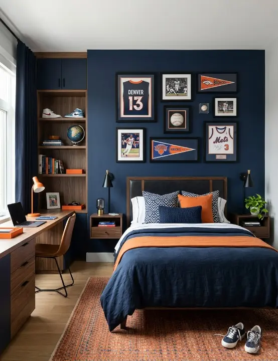 navy and orange themed bedroom with sports theme wall art and modern furniture