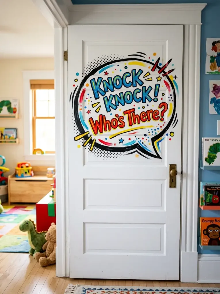 Comic style knock knock door painting ideas with colorful speech bubble on white interior door