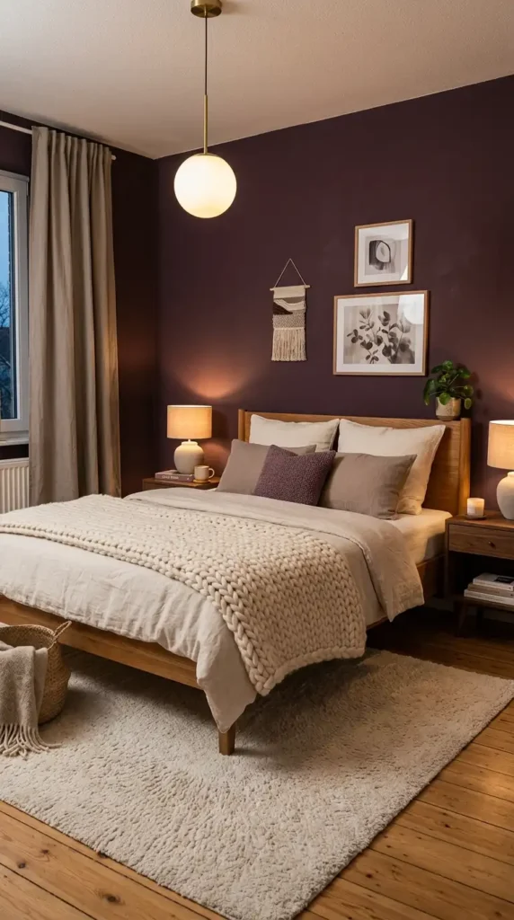 Bedroom decorated in plum noir with neutral colored bedding, warm wooden furniture and soft lights