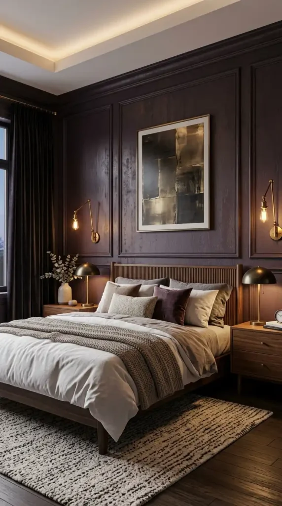 Bedroom with plum noir painted walls, comfortable beddings, and warm lighting