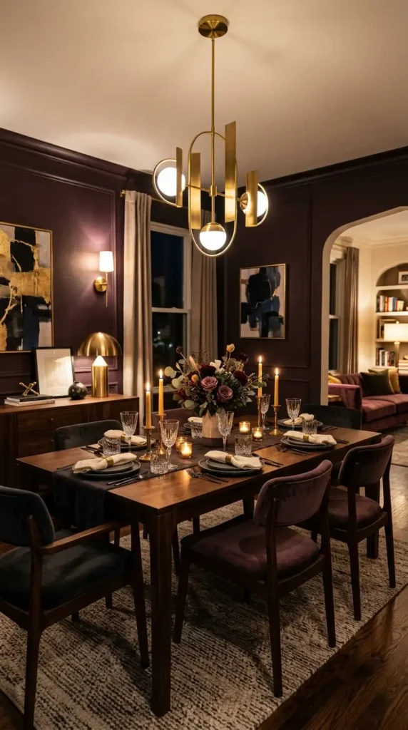 Plum noir dining room with dark wooden furnishings, brass light fixtures, and intimate atmosphere