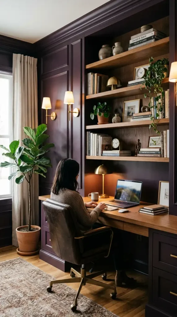 Plum noir-walled home office with wooden furniture and brass lighting fixtures