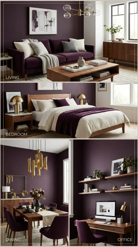 Interior home collage with plum noir finishes, wood furnishings, marble fixtures, and metal trimmings