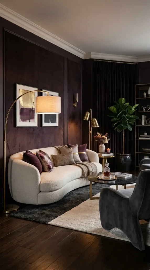 Living Room Design Featuring Plum Noir Walls, Neutral Sofa, and Metallic Accents