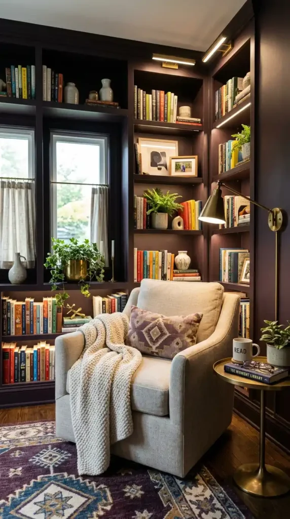 Nook with plum noir finish that has shelving, seating, and layers of light fixtures