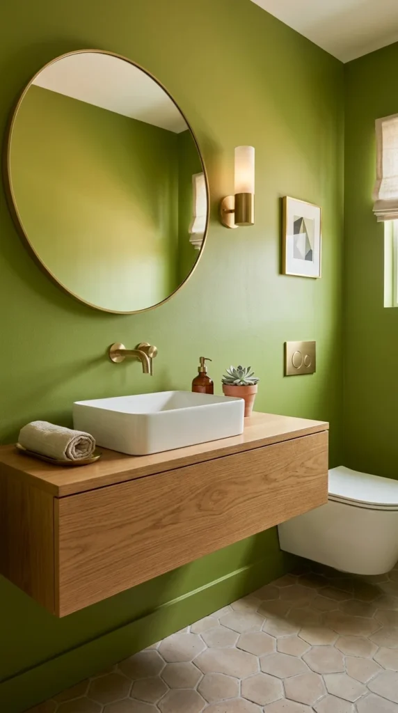 Green wasabi bathroom with brass fittings and wooden floating vanity