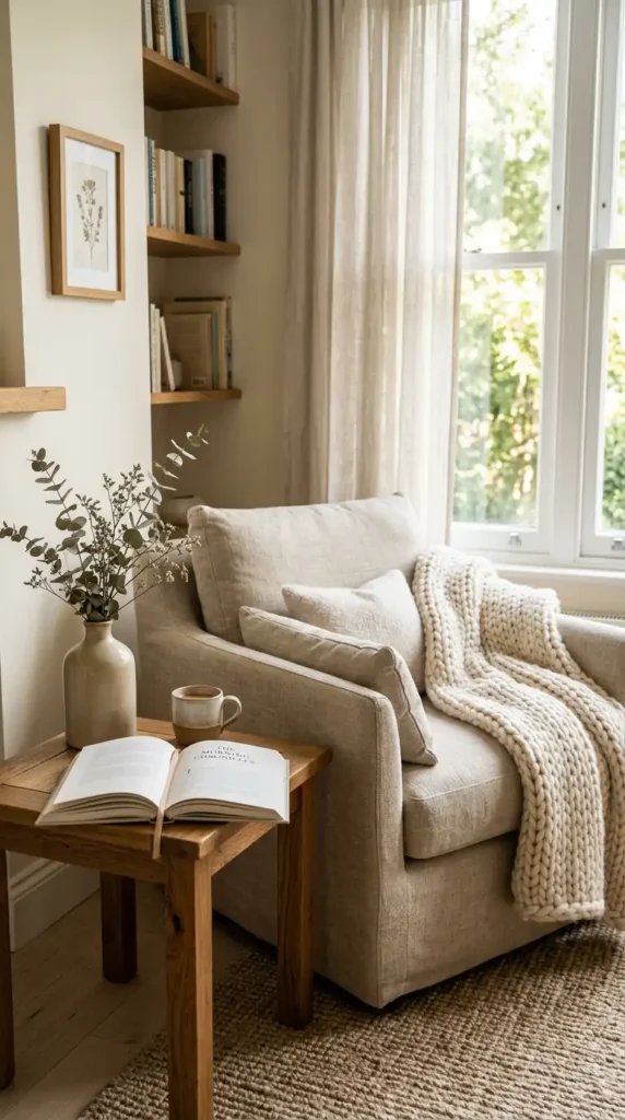 A chic area with a comfortable chair, throw, and natural light
