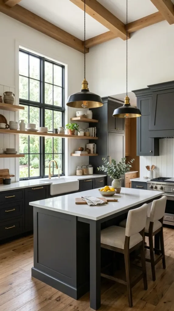 Modern farm-style kitchen with charcoal cabinets, white counters, wooden shelves, and pendant lighting