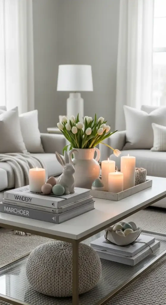 elegant easter coffee table decor ideas with candles, tulips, and more