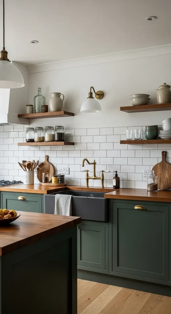 Modern farmhouse kitchen with forest green cabinets and wood accents