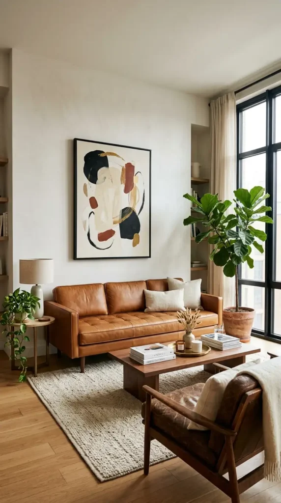 A chic living room featuring a caramel leather sofa, abstract art, and plants.