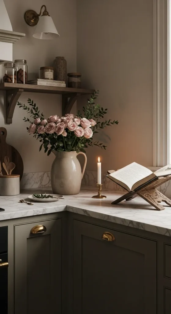 Modern farmhouse kitchen corner with muted green cabinets and floral styling