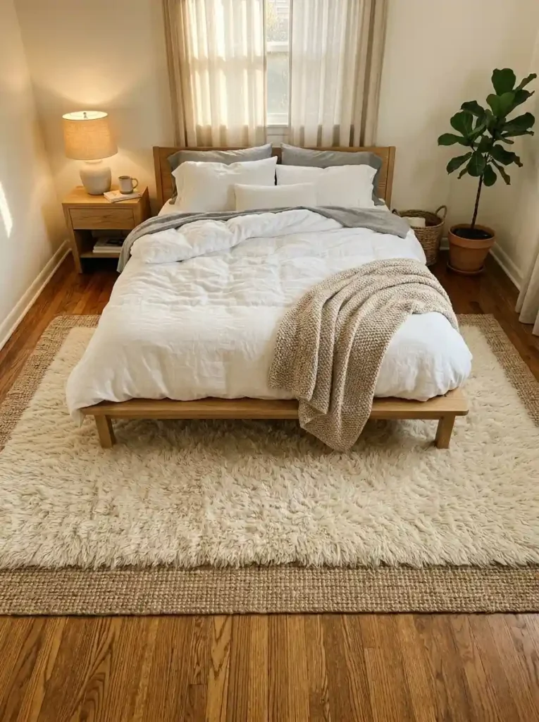 Cozy bedroom with a rug-layered bed layout.