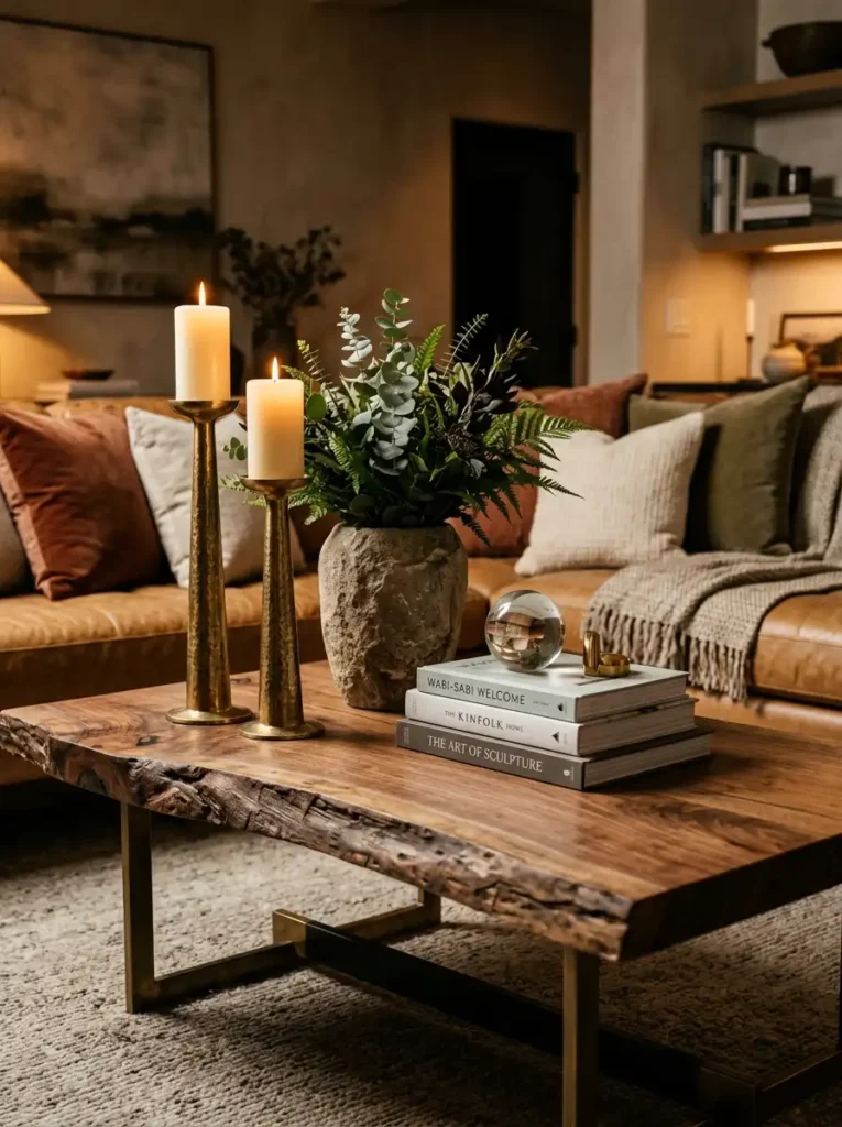 Sculptural coffee table with wood slab, brass candles, greenery, and crystals