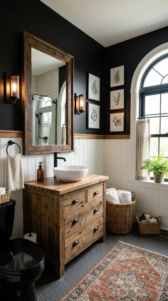 Rustic farmhouse bathroom with wood vanity, black and white walls, mirror, wicker baskets, and green accents
