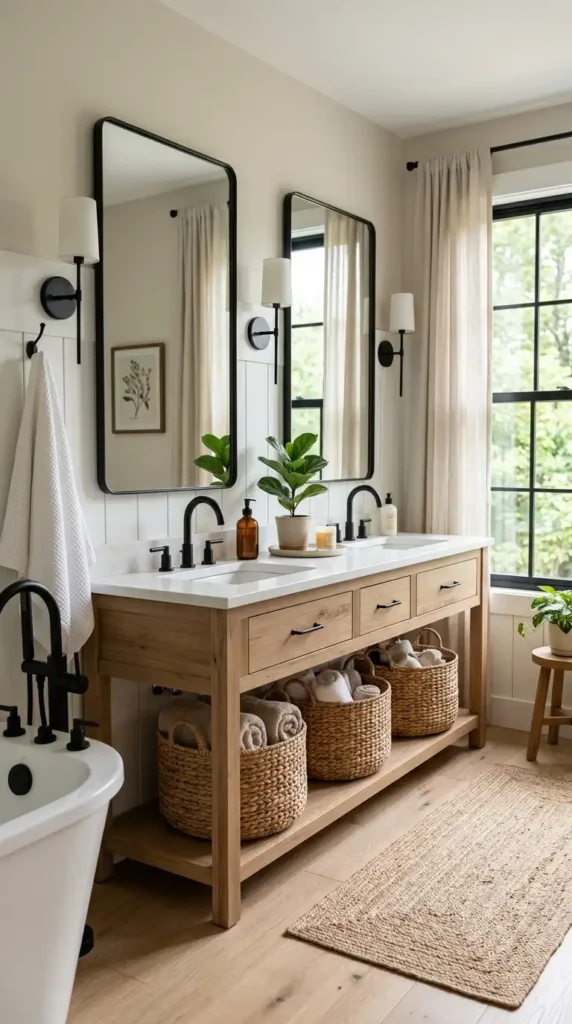 Rustic farmhouse bathroom with wooden dual-sink vanity, black fixtures, and greenery
