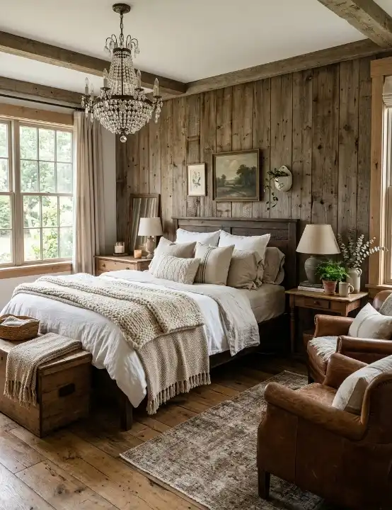 rustic farmhouse bedroom with wooden accent wall, textures, and leather furniture