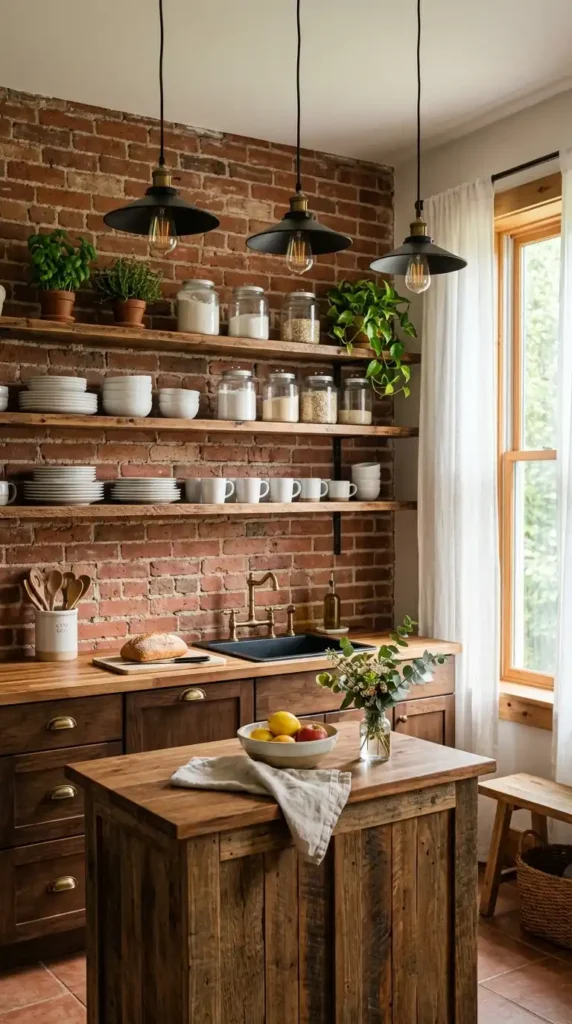 Contemporary farmhouse kitchen design with brick accent wall and wooden shelves.