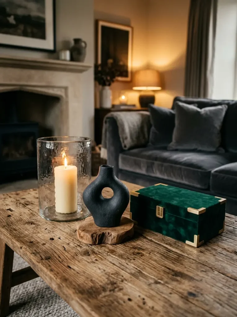Rustic luxury coffee table styling with wood texture, candle glow, sculpture, and velvet box. A perfect blend of warmth, elegance, and modern design.
Rustic luxury coffee table with candle, sculpture, and velvet box