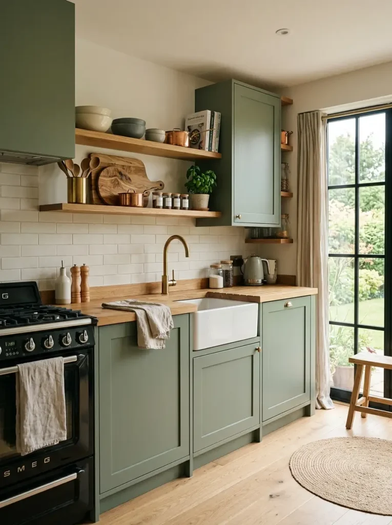 Sage green kitchen with oak wood accents – Green Kitchen Ideas