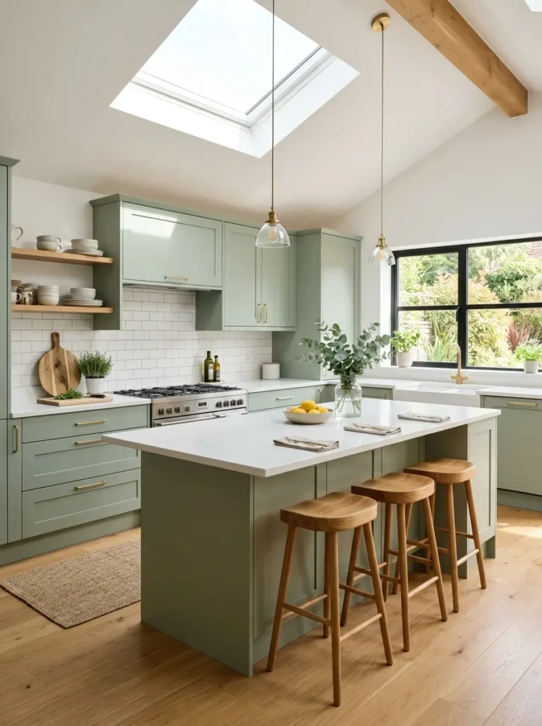 Sage green kitchen with skylight and island – Green Kitchen Ideas