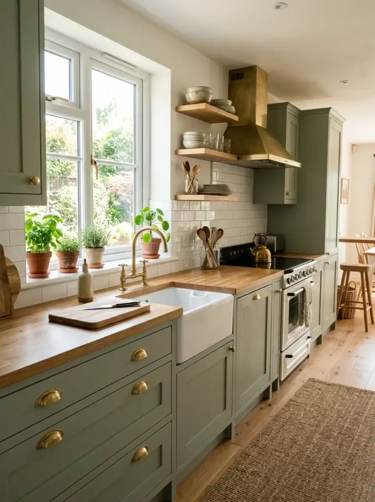 Sage green shaker kitchen design with brass accents – Green Kitchen Ideas