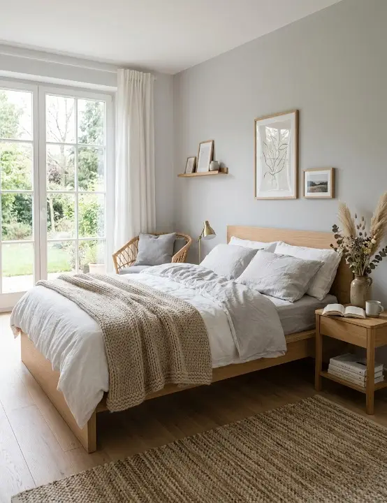 Scandinavian Bedroom Design With Neutral Colors, Natural Light, and Cozy Minimalist Furniture