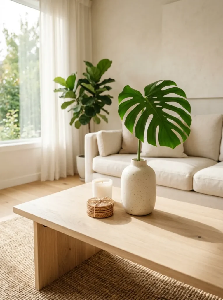 Minimal coffee table with single tropical stem, candle, and woven coasters