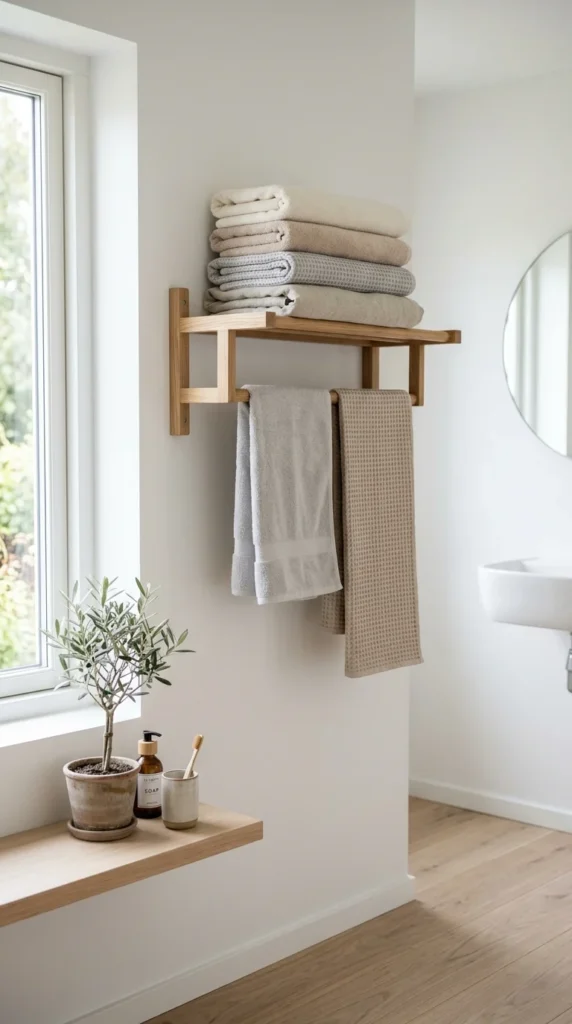 Scandinavian wall-mounted towel rack with light wood and neutral towels