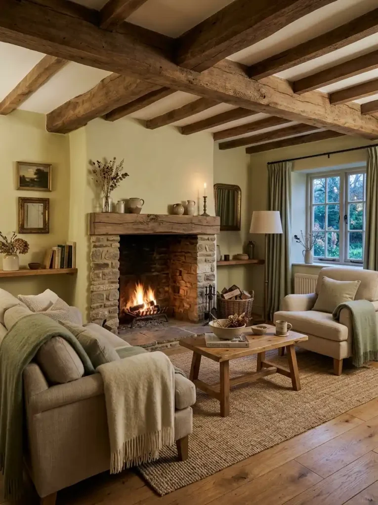 Elegant Earthy Cottage Living Room with fireplace, plaster walls, and wooden beams