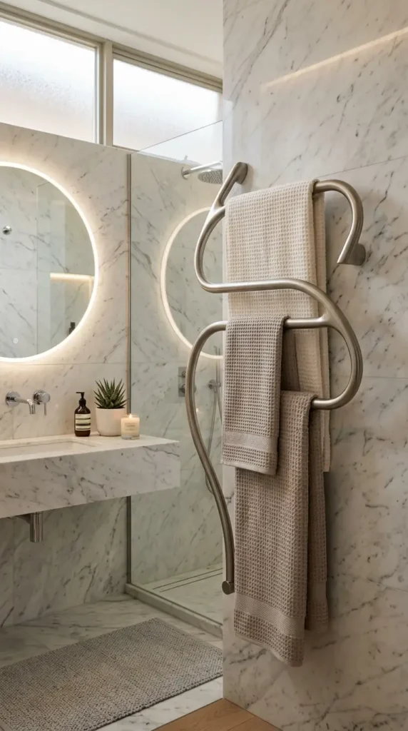Sculptural designer towel rail in modern luxury bathroom