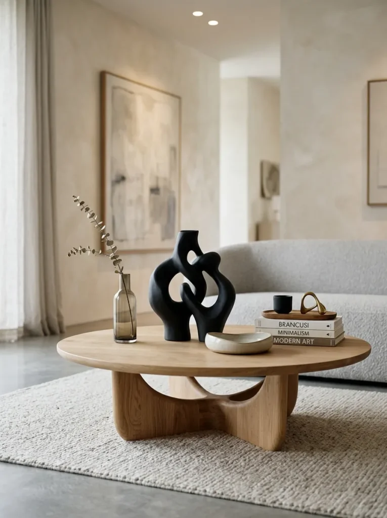 Minimal coffee table with abstract sculpture, books, and vase