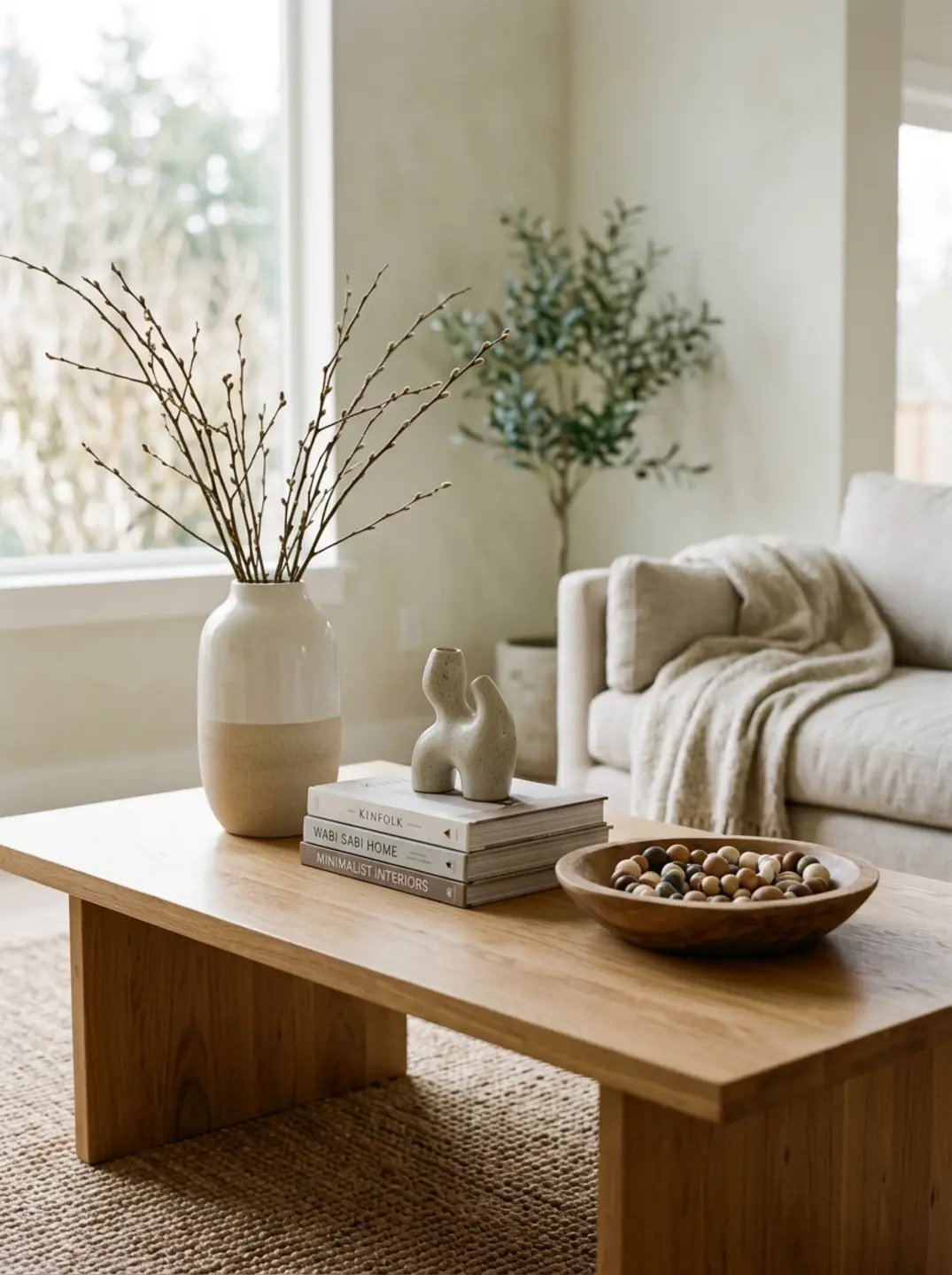 Minimal coffee table with vase, books, sculpture, and wooden bowl decor