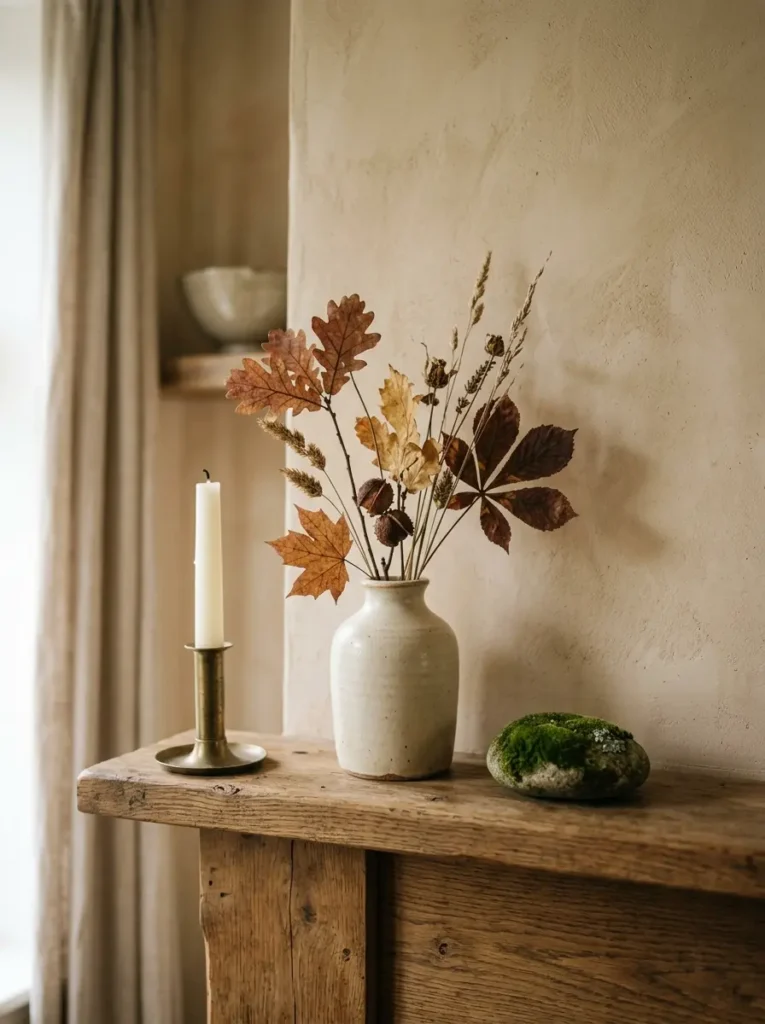 Minimalist seasonal decor featuring natural elements, perfect for a slow living home.