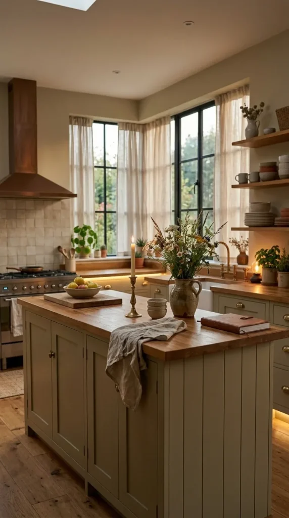 Cozy modern farmhouse kitchen with green cabinets and butcher block island